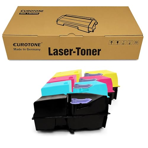 Eurotone Lasertoner in brauner Schachtel und vier bunte Tonerpatronen in Schwarz, Cyan, Magenta und Gelb.