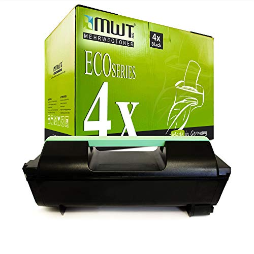 Eine schwarze MWT Eco Series Tonerkassette vor ihrer grünen Verpackung auf weißem Hintergrund.