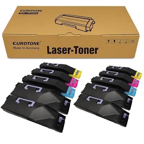 Eine braune Eurotone Laser-Toner Schachtel und zehn dazugehörige Tonerpatronen in Schwarz, Cyan, Magenta und Gelb.