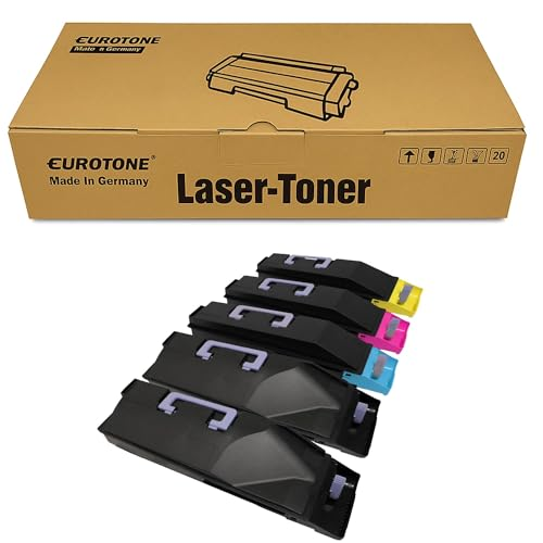 Eine Eurotone Lasertoner Box mit fünf farbigen Tonerkartuschen davor.