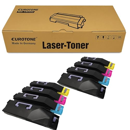Eurotone Lasertoner-Schachtel mit zwei Sets aus je vier farbigen Tonerkartuschen in Schwarz, Cyan, Magenta und Gelb.