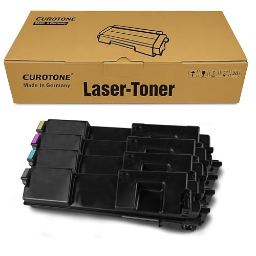 Vier schwarze Laser-Tonerpatronen vor einer braunen Eurotone-Verpackung.