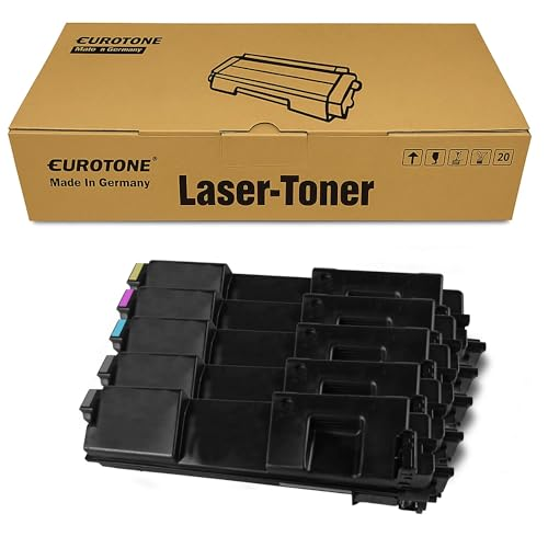 Eine braune Eurotone Laser-Toner Box mit fünf schwarzen Tonerkartuschen davor.