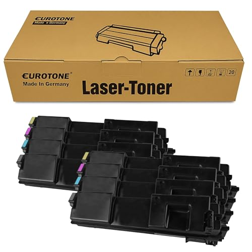 Eurotone Lasertoner Karton mit mehreren davor ordentlich angeordneten schwarzen Lasertoner-Kartuschen.