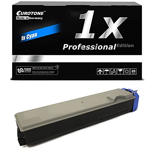 Eine schwarze Eurotone Tonerbox und eine Cyan-Tonerkassette davor auf weißem Hintergrund.