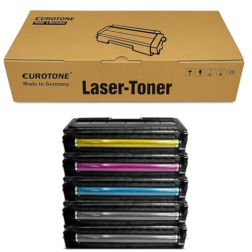 Eine braune Eurotone Lasertoner-Box mit einem Stapel von fünf farbigen Tonerkartuschen darunter.