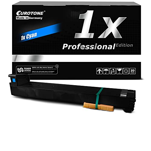Cyan-Tonerpatrone vor einer schwarzen Eurotone Professional Edition Box.