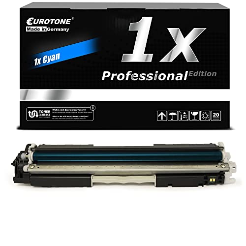 Eine schwarze Eurotone Cyan-Tonerkassette Box hinter einer Cyan-Tonerkassette auf weißem Hintergrund.