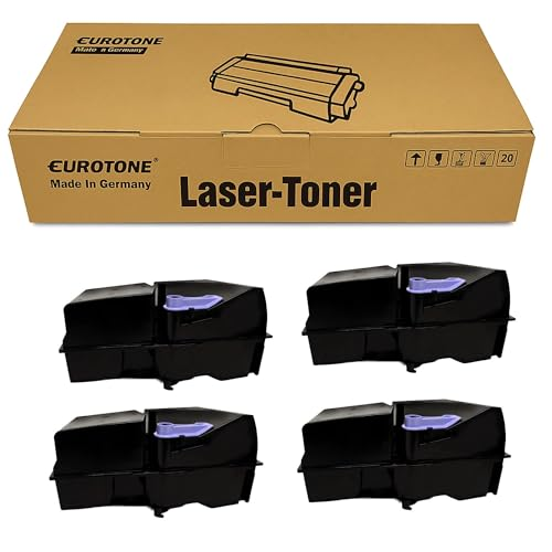 Eine braune Eurotone Laser-Toner Schachtel und vier schwarze Tonerkartuschen mit blauen Elementen.