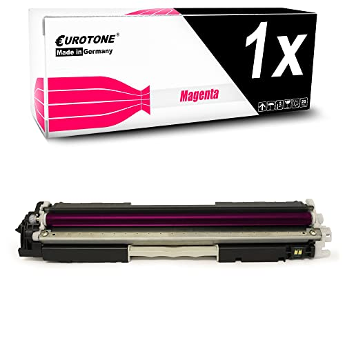 Eine Eurotone Magenta Tonerpatrone liegt vor ihrer schwarz-weißen Verpackung mit der Aufschrift 1x.