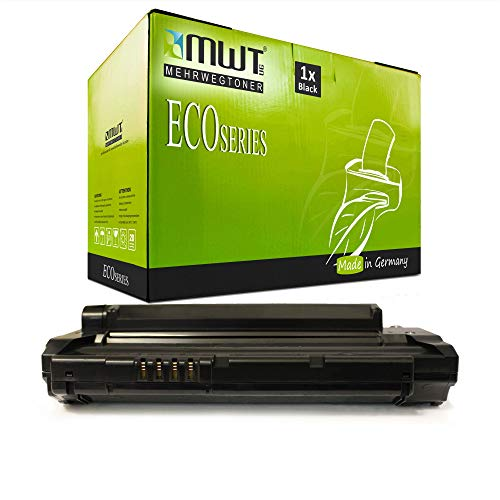 Eine schwarze Tonerpatrone und ihre grün-schwarze MWT Eco Series Verpackung auf weißem Hintergrund.