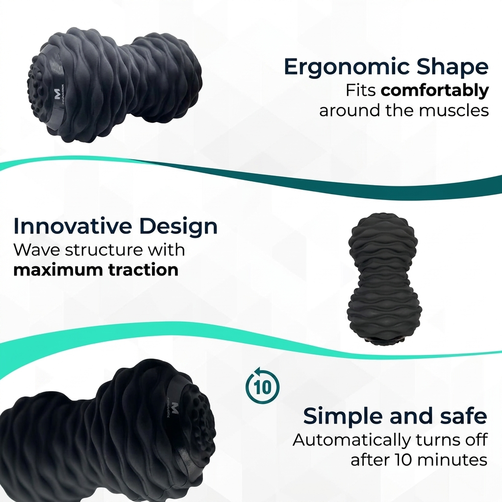 Rouleau de massage noir ergonomique à structure ondulée avec arrêt automatique après 10 minutes.