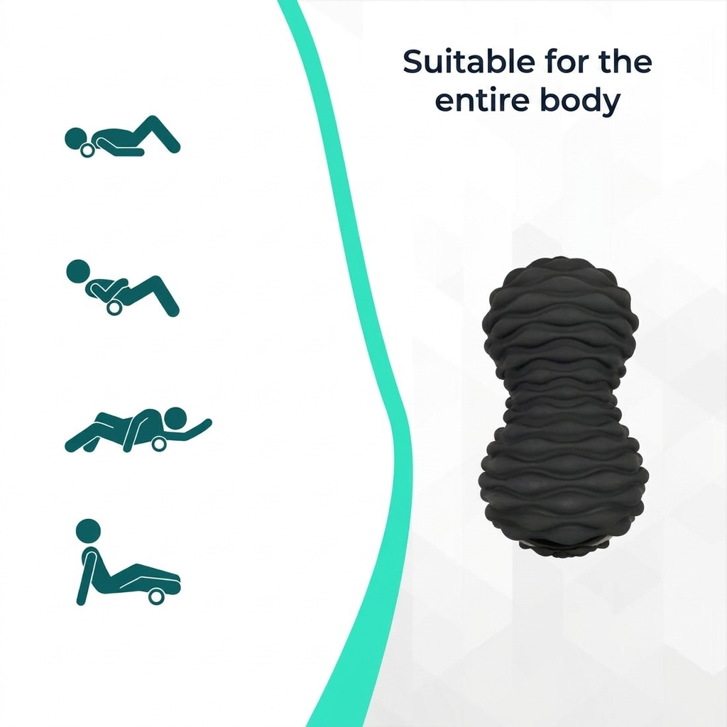 Un rouleau de massage noir texturé et quatre icônes montrant des exercices.
