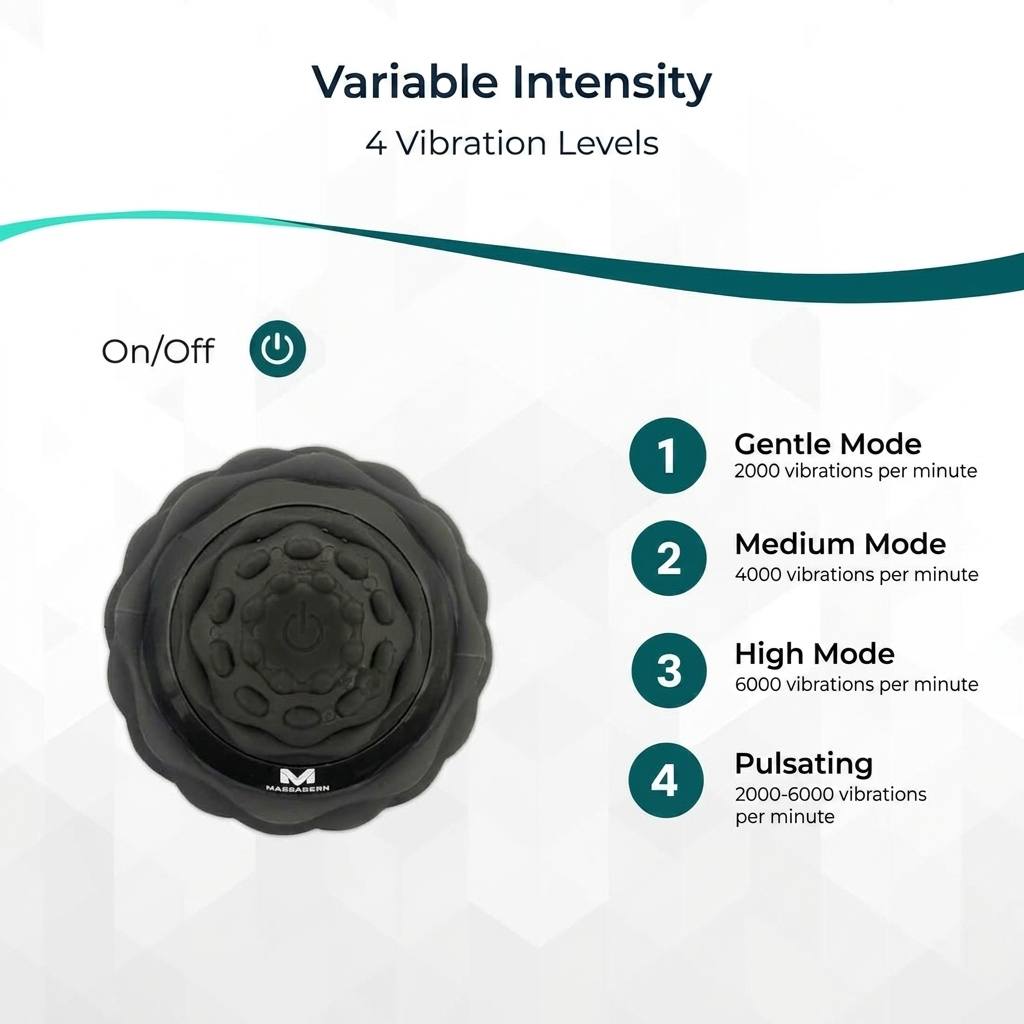 Intensité variable avec 4 niveaux de vibration : modes doux, moyen, élevé et pulsé.