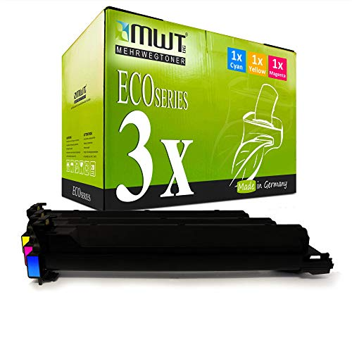 Grüne MWT EcoSeries Tonerbox und drei schwarze Tonerkartuschen mit farbigen Akzenten auf weißem Hintergrund.