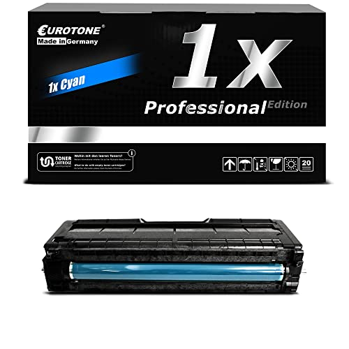 Eurotone Cyan-Tonerkassette vor ihrer schwarzen Verpackung mit Aufschrift.
