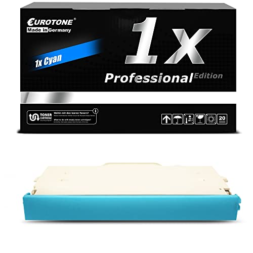 Eurotone-Tonerkartusche in Cyan vor ihrer schwarzen Verpackung.