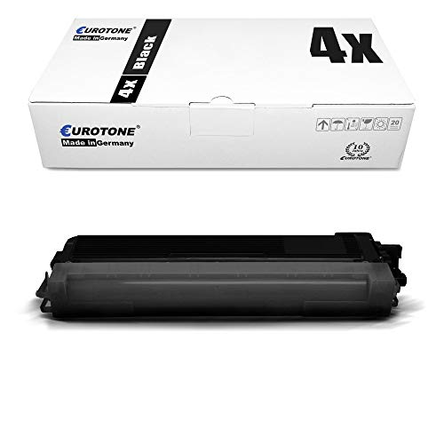 Eine weiße Eurotone-Verpackungsschachtel mit der Aufschrift 4x Black und eine einzelne schwarze Tonerkartusche.