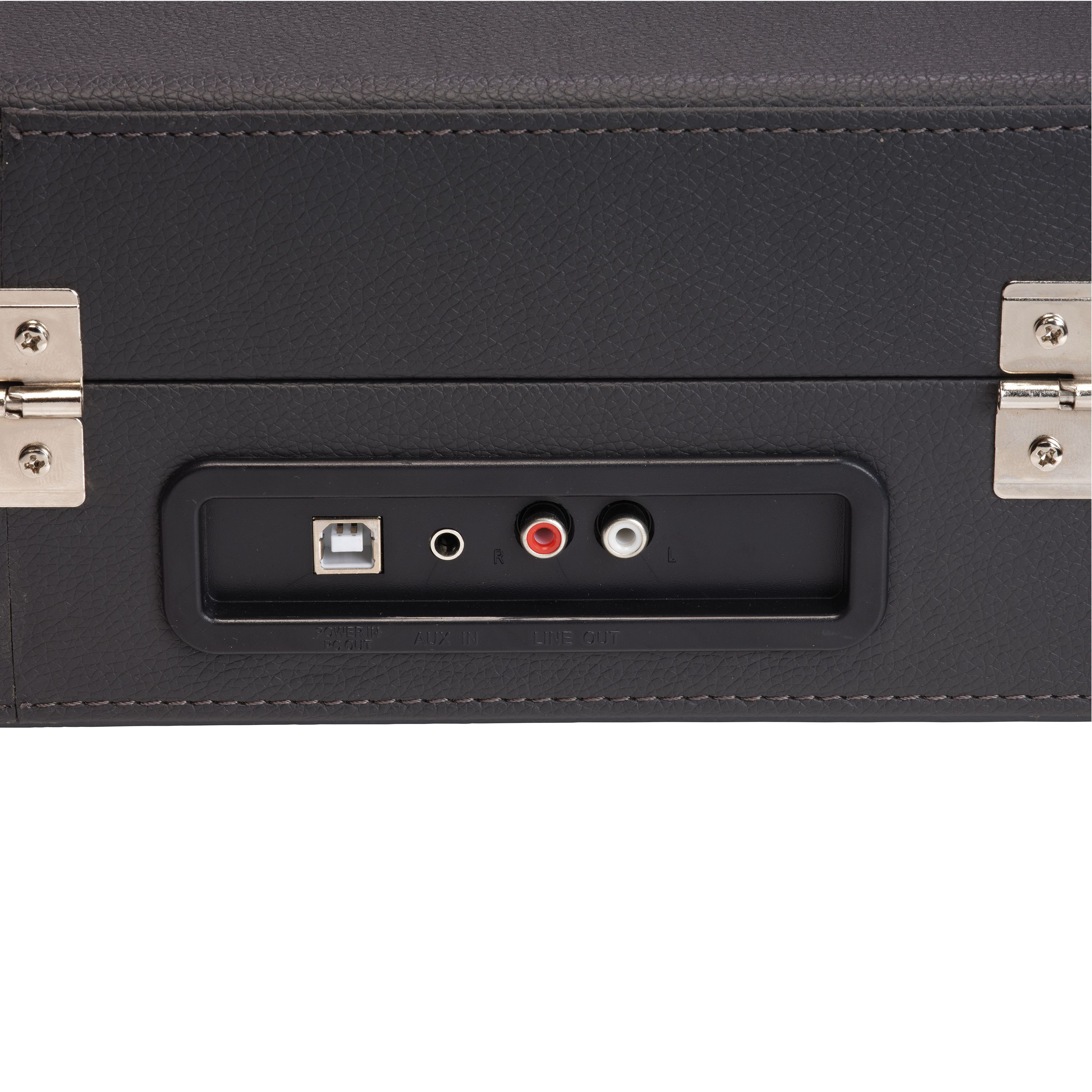 Rückseite eines schwarzen Ledergeräts mit USB-, AUX- und Cinch-Anschlüssen sowie Metallscharnieren.