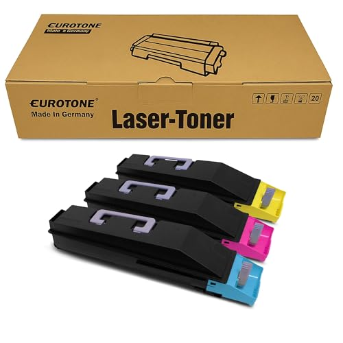 Eurotone Lasertoner Pappkarton mit drei Tonerkassetten in Cyan, Magenta und Gelb davor.