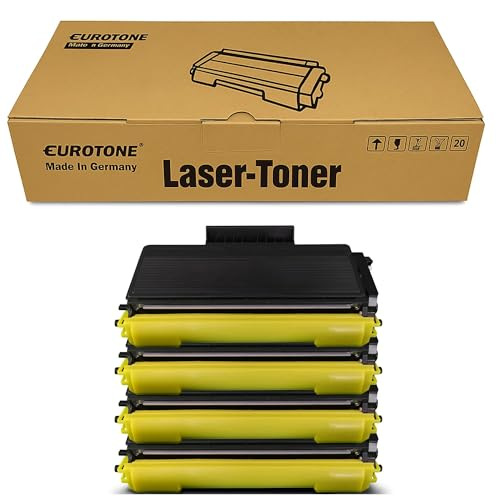 Eine Eurotone Lasertoner-Box und ein Stapel von vier gelb-schwarzen Tonerkartuschen.