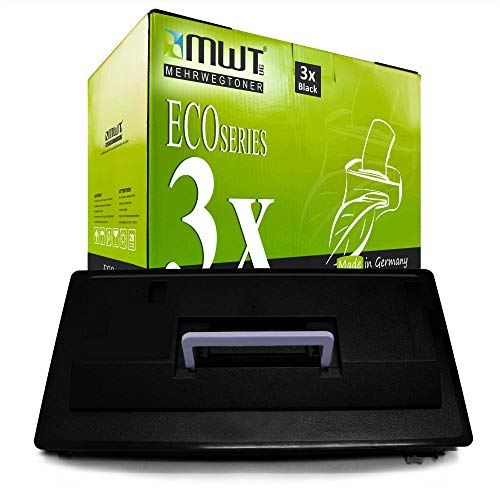 Grüne MWT Eco Series Tonerverpackung mit drei schwarzen Tonern und einem schwarzen Toner im Vordergrund.
