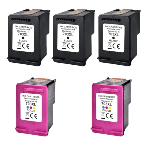 Drei schwarze und zwei magenta farbene 703XL Tintenpatronen auf weißem Hintergrund.