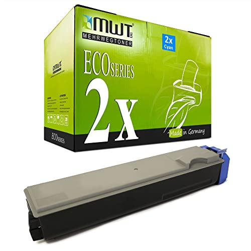 Eine grüne MWT Eco Series Tonerbox mit großem '2X' und eine Cyan-Tonerkassette davor vor weißem Hintergrund.