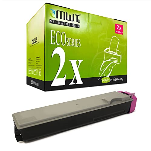 Grüne MWT EcoSeries Tonerbox und eine schwarze Tonerkassette mit magenta Details auf weißem Hintergrund.