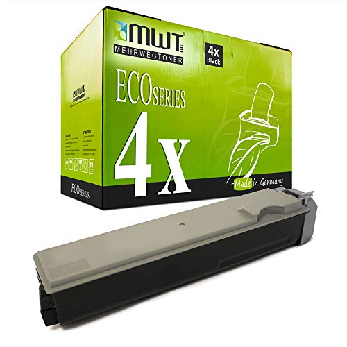 Eine grüne MWT-Toner-Box mit 4x Schwarz und eine schwarze Tonerkartusche davor.