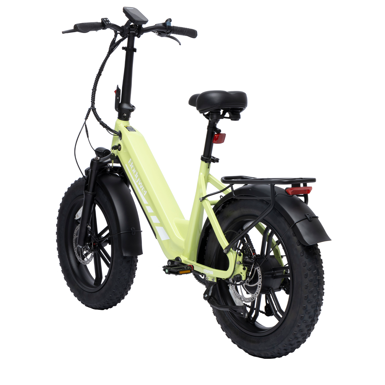 Ein hellgelbes E-Bike mit dicken Reifen, Gepäckträger und schwarzem Sattel auf weißem Hintergrund.