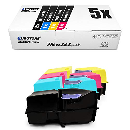 Eurotone Druckerpatronen-Multipack mit fünf Patronen in Schwarz, Cyan, Gelb und Magenta sowie der Verpackung.