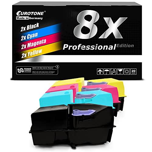 Eurotone-Druckerpatronen, Set aus 8 Stück in Schwarz, Cyan, Magenta und Gelb vor schwarzem Karton.