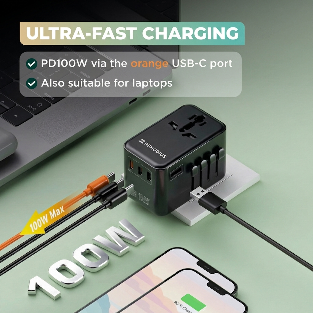 Zwarte universele reisadapter met USB-kabels, een laptop en smartphones op een groene achtergrond.