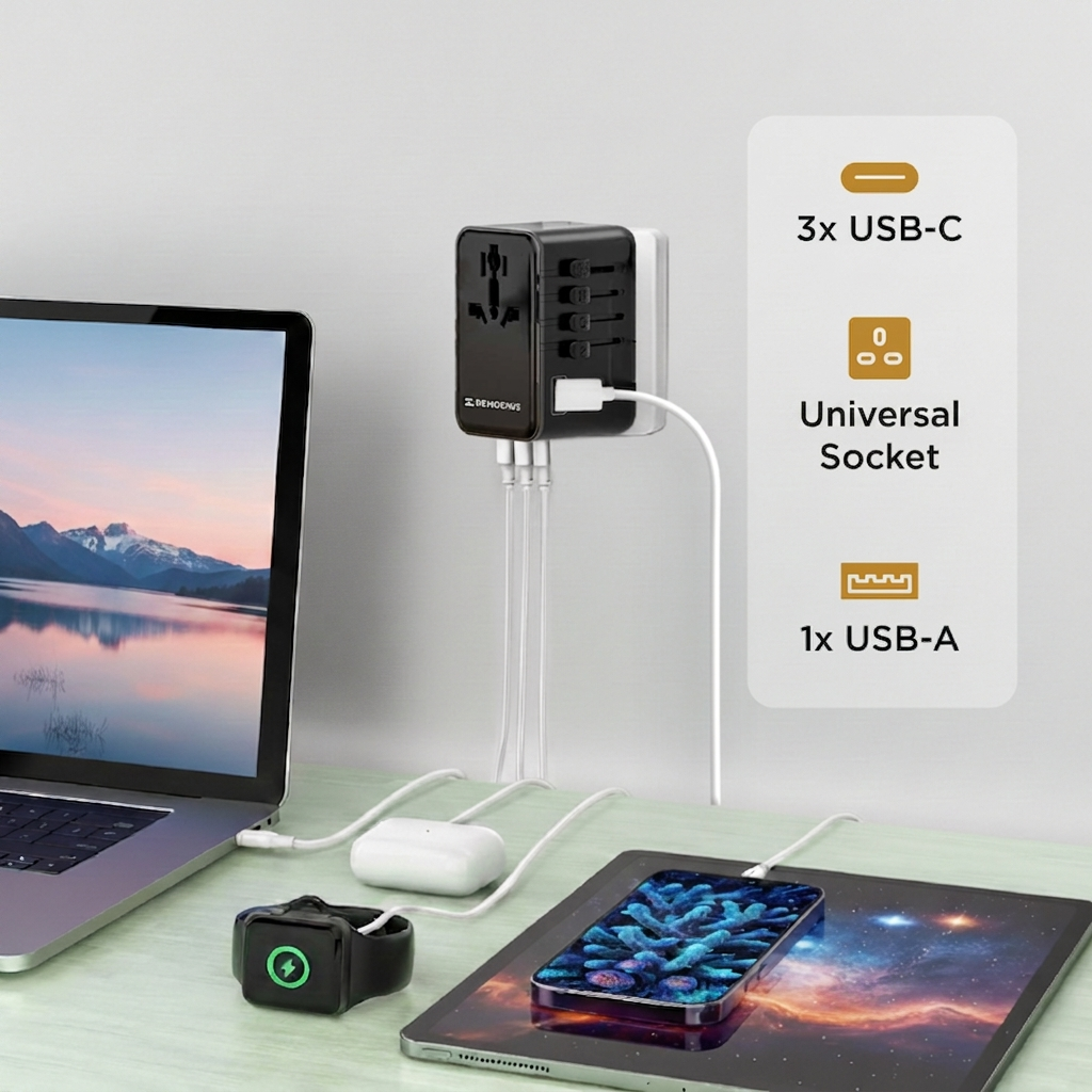 Een universele reisadapter in het stopcontact met kabels aangesloten op een laptop, tablet en andere apparaten.