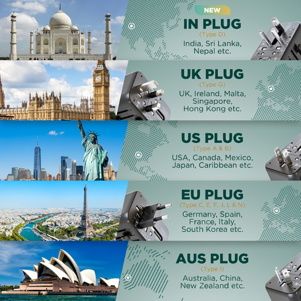 Universele adapter met stekkertypes voor India, VK, VS, EU en Australië met wereldwijde bezienswaardigheden.