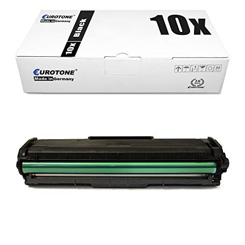Eine weiße Eurotone-Verpackungsbox für Tonerkassetten mit der Aufschrift 10x Black und eine schwarze Tonerkassette.