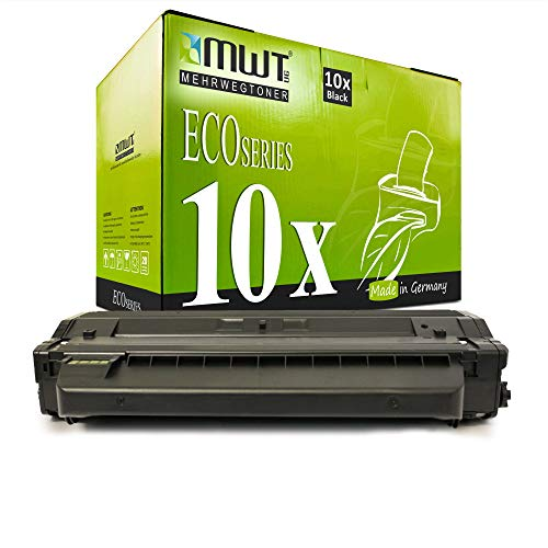 Eine schwarze Tonerkartusche steht vor ihrer grünen MWT Eco Series 10x Verpackung vor weißem Hintergrund.