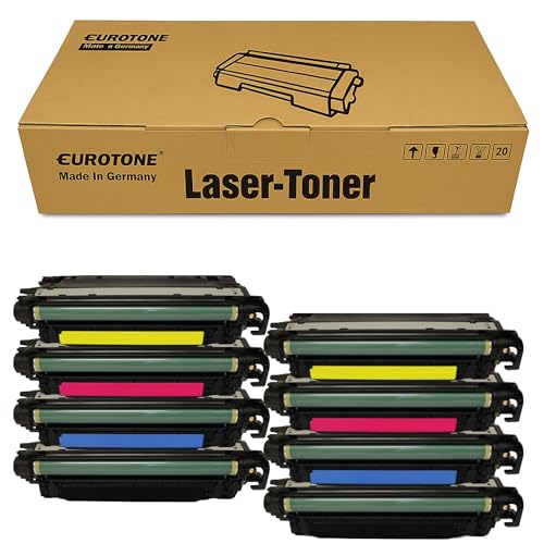 Eine Eurotone Lasertoner-Box und acht bunte Tonerkassetten.