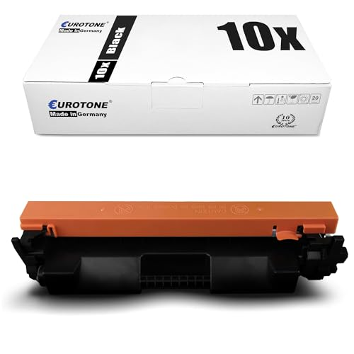Eine weiße Eurotone-Box mit der Aufschrift 10x Black und eine schwarz-orange Tonerkassette vor weißem Hintergrund.