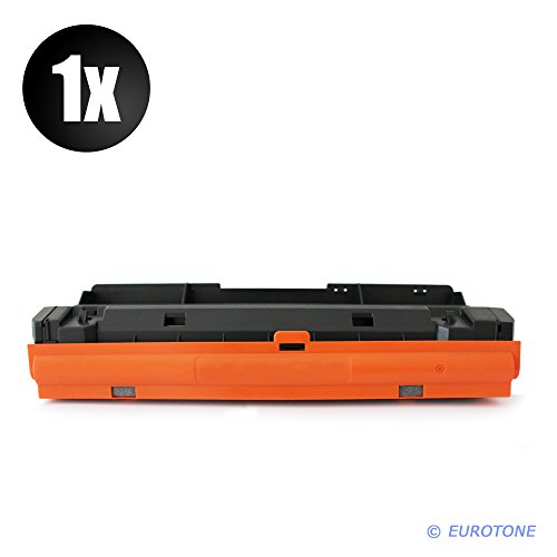 Eine schwarze und orangefarbene Tonerkassette auf weißem Hintergrund mit einem 1x-Symbol.