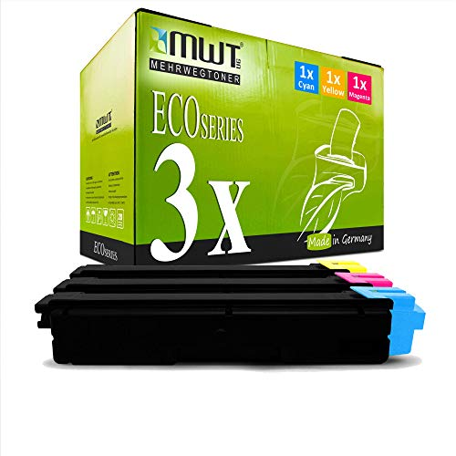 Eine grüne MWT Eco Series Tonerbox mit drei schwarzen Tonerkartuschen davor, mit Cyan-, Gelb- und Magentaspitzen.