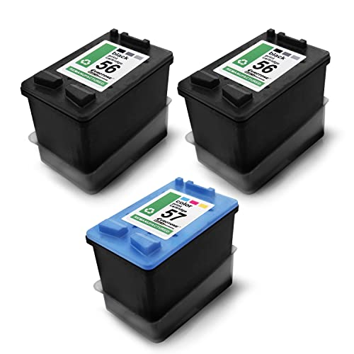Drei Druckerpatronen auf weißem Hintergrund, zwei schwarze HP 56 und eine blaue HP 57.