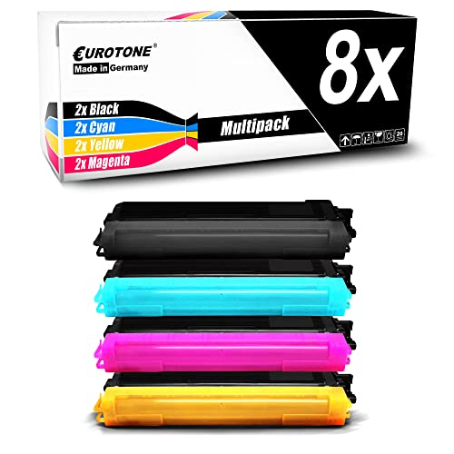 Eurotone Multipack mit vier Tonerkartuschen in Schwarz, Cyan, Magenta und Gelb vor einer Produktverpackung.