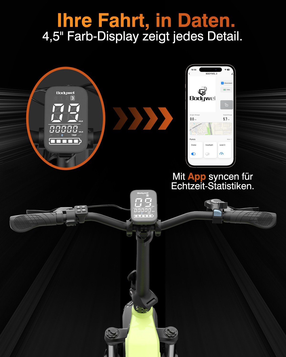 E-Bike-Lenker mit Farbdisplay, verbunden mit einer Smartphone-App für Echtzeit-Statistiken.