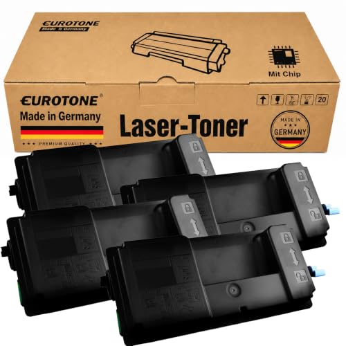 Vier schwarze Laser-Toner Kassetten vor einer braunen Eurotone-Verpackungsbox.