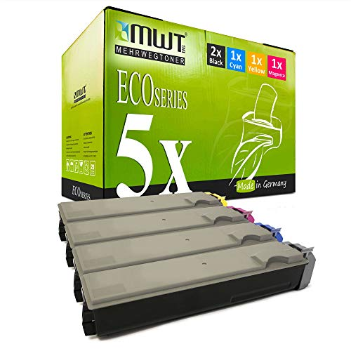 Grüne MWT EcoSeries Tonerbox mit fünf kompatiblen Tonerkassetten davor.