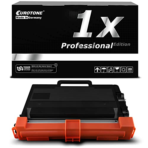Schwarze Eurotone Toner-Kassette mit orangefarbenen Schutzabdeckungen vor passender Produktverpackung.