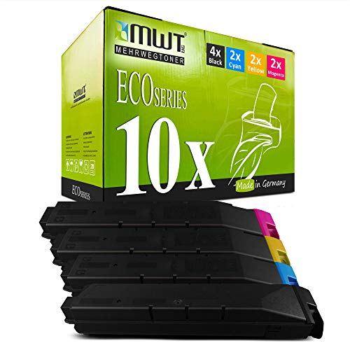 Grüne MWT-Tonerbox mit ECO Series 10x Etikett und vier schwarzen und farbigen Tonerkartuschen davor.
