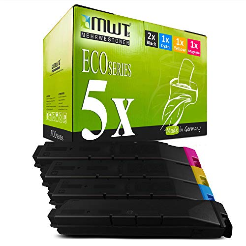 MWT Eco Series Drucker Tonerbox mit fünf schwarzen und farbigen Patronen darunter vor weißem Hintergrund.